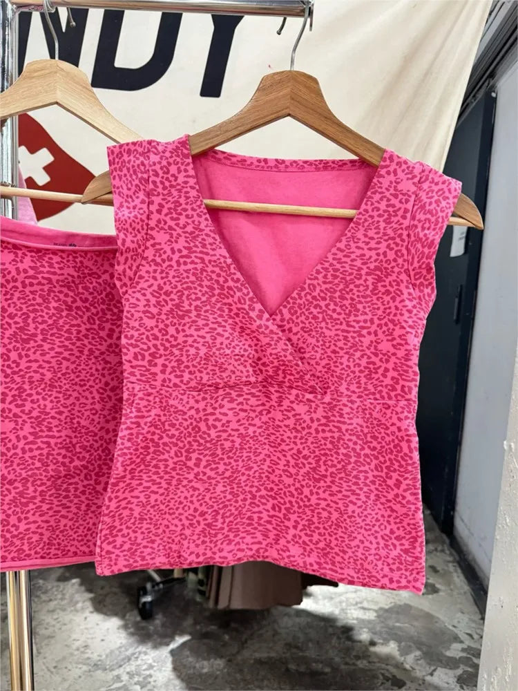 Leopard Print Collection T-shirts Women Summer Cotton Slim Small Flying Sleeves Vests Female American Vintage Sweet Tops Y2K