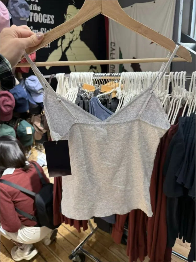 Lace Trim V-neck Camisole Women Summer Casual Slim Cotton Soft Cropped Sleeveless Vests Female Vintage Sweet Chic Tank Tops Y2K