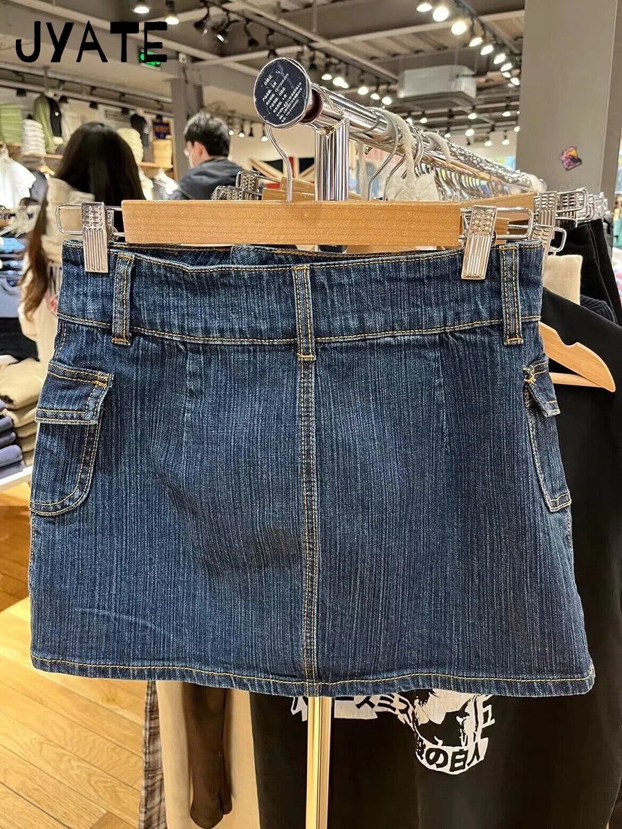 Vintage Solid Pocket Mini Cargo Skirts Women Summer Casual High Waist Denim Slim Skirt Female Streetwear Harajuku Chic Falda Y2K