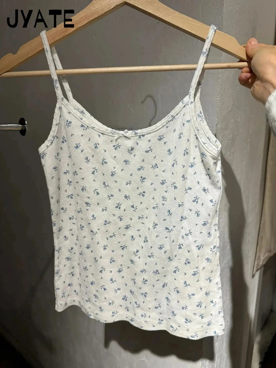 Chic Blue Floral Print Bow Sleeveless Vests Women New Cotton Soft Casual Slim Cropped Camisole Sweet Cute Vintage Tank Tops Y2K
