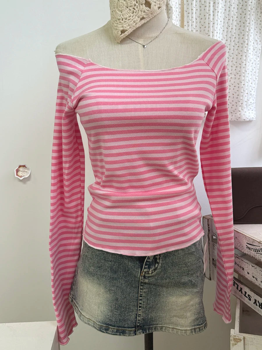 Pink Striped Slash Neck T-shirt Women Summer Casual Streetwear Slim Cotton Short Sleeve Tees Colthes Sweet Cute Simple Tops Y2K