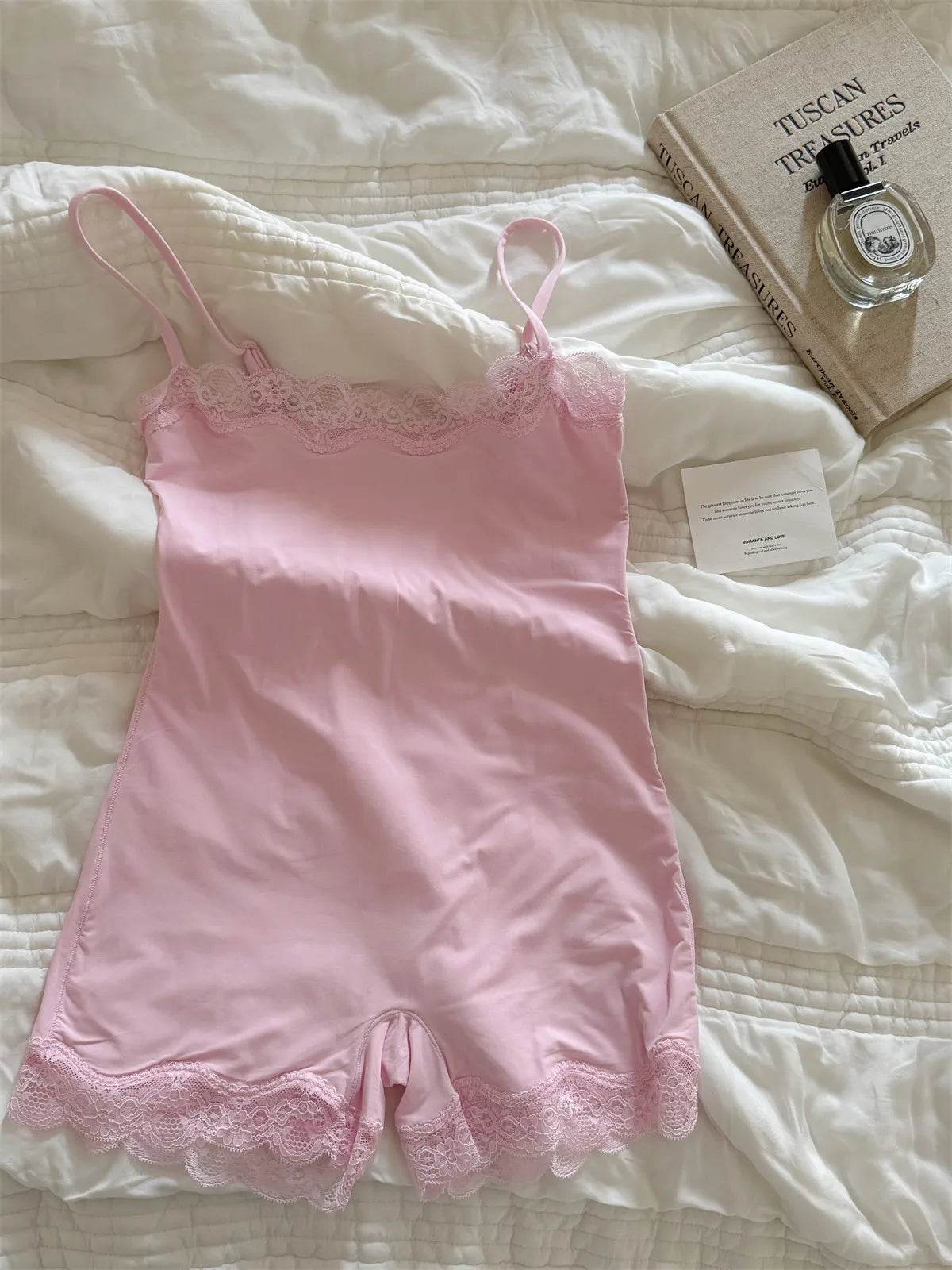 Pink Lace Trim Slim Playsuits Woman Chic High Elasticity Adjustable Strap Skinny Bodysuit Fashion Simple Smooth One-piece Tops