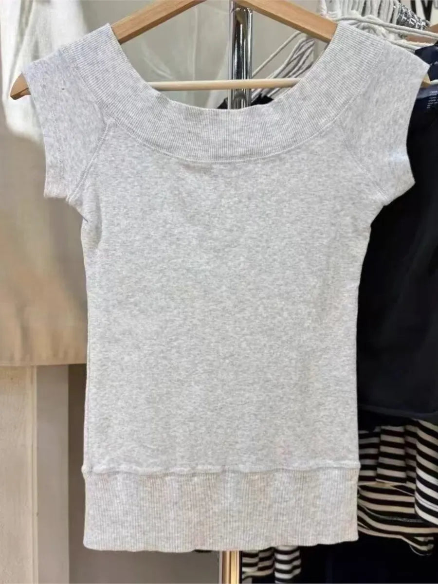 Gray Knitted Slash Neck T-shirts Women Summer New Casual Streetwear Short Sleeve Tees Vintage Sweet Cotton Chic Tshirt Y2K Tops