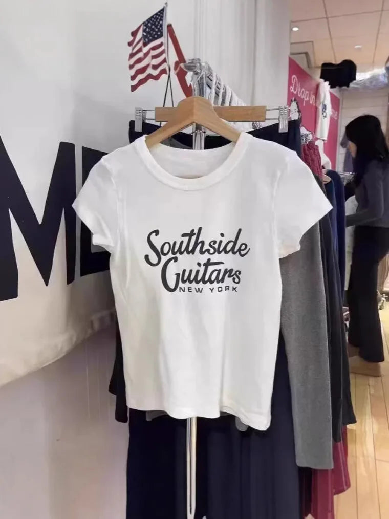 Letter Print White T-shirt Women New Casual Streetwear Cotton Round Neck Short Sleeve Tee Shirt Vintage Sweet Tshirts Y2K Tops
