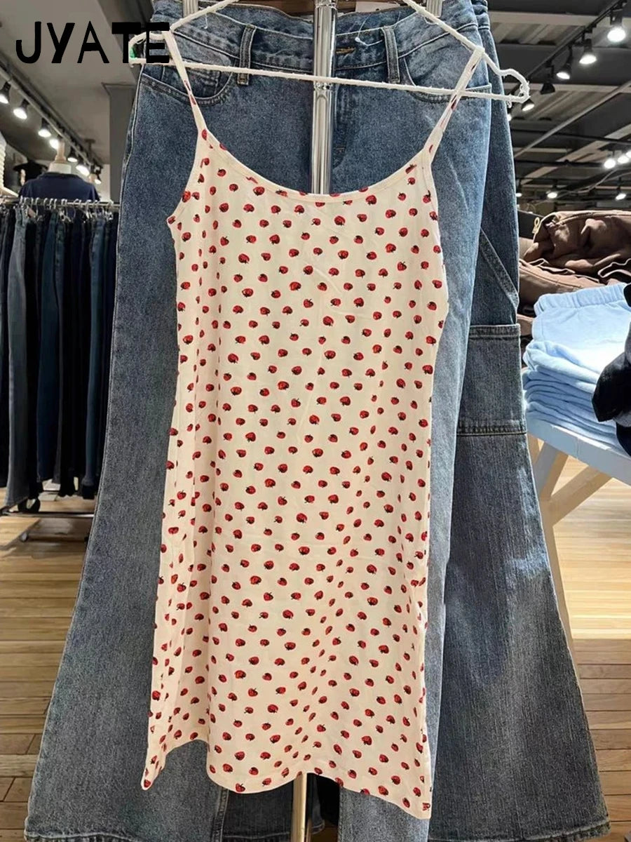 Sweet Strawberry Print Slim Mini Dress Women Summer New Street Preppy Style Cotton Sleeveless Vestidos Cute Chic Vintage Dresses