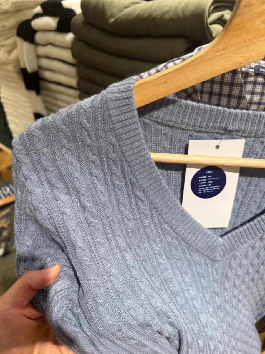 Haze Blue V-neck Knitted Sweater Women Fall Winter Casual Cotton Warm Twisted Flower Pullover Top Sweet Preppy Style Cute Jumper