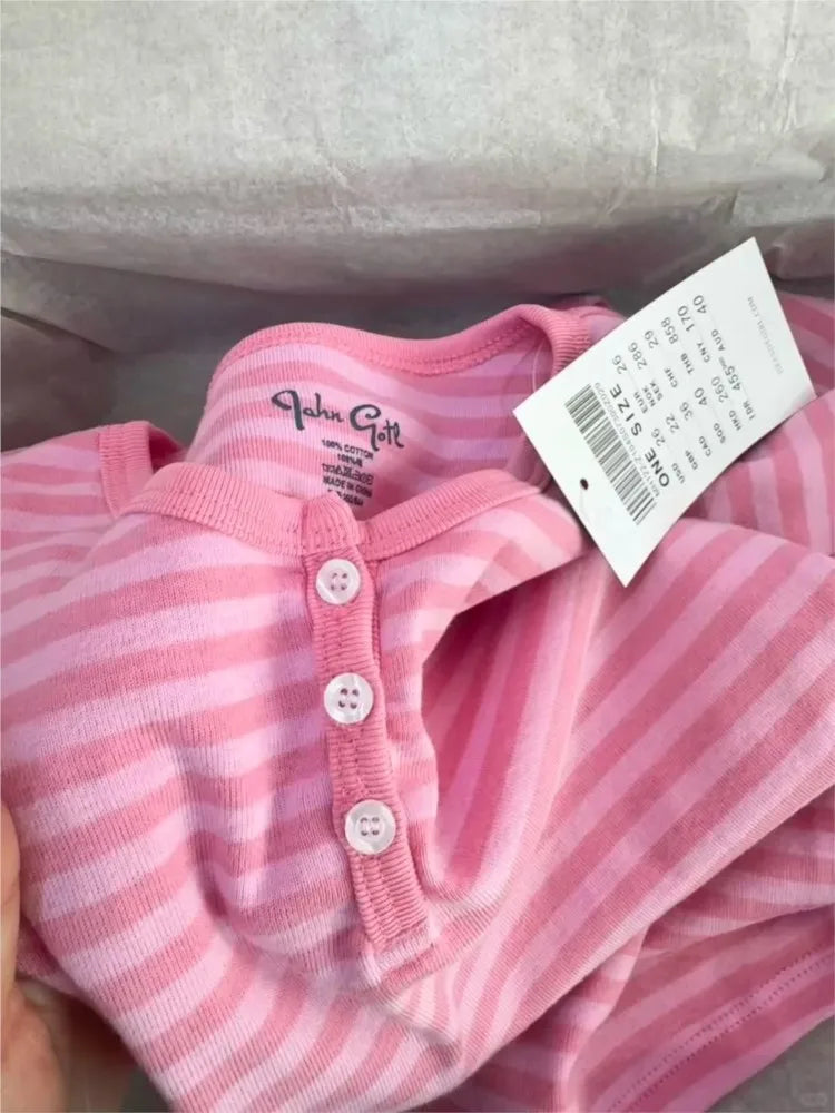 Sweet Button Long Sleeve Tees Women Spring New Cotton Rose Pink Striped Slim Zelly Tops Simple Chic Preppy Style T-shirts