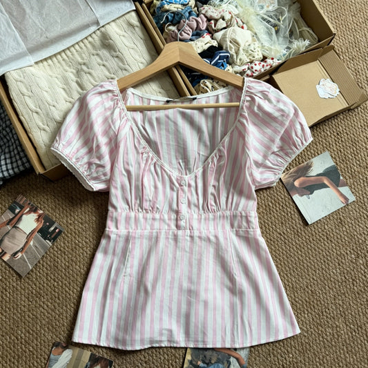 Pink Striped Puff Sleeves Tees Women Simple Pretty Versatile Blouse with Short Sleeve Tops Sweet Preppy Style Cute T-shirts Y2K