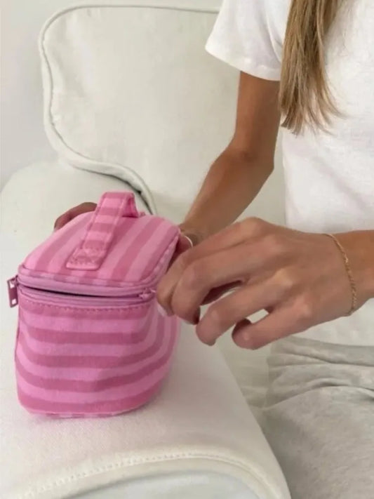 Pink Striped Cute Makeup Bag Women Portable Zipper Cosmetic Travel Organizer Girls Sweet Vintage Handbag Toiletry Pouch Y2K