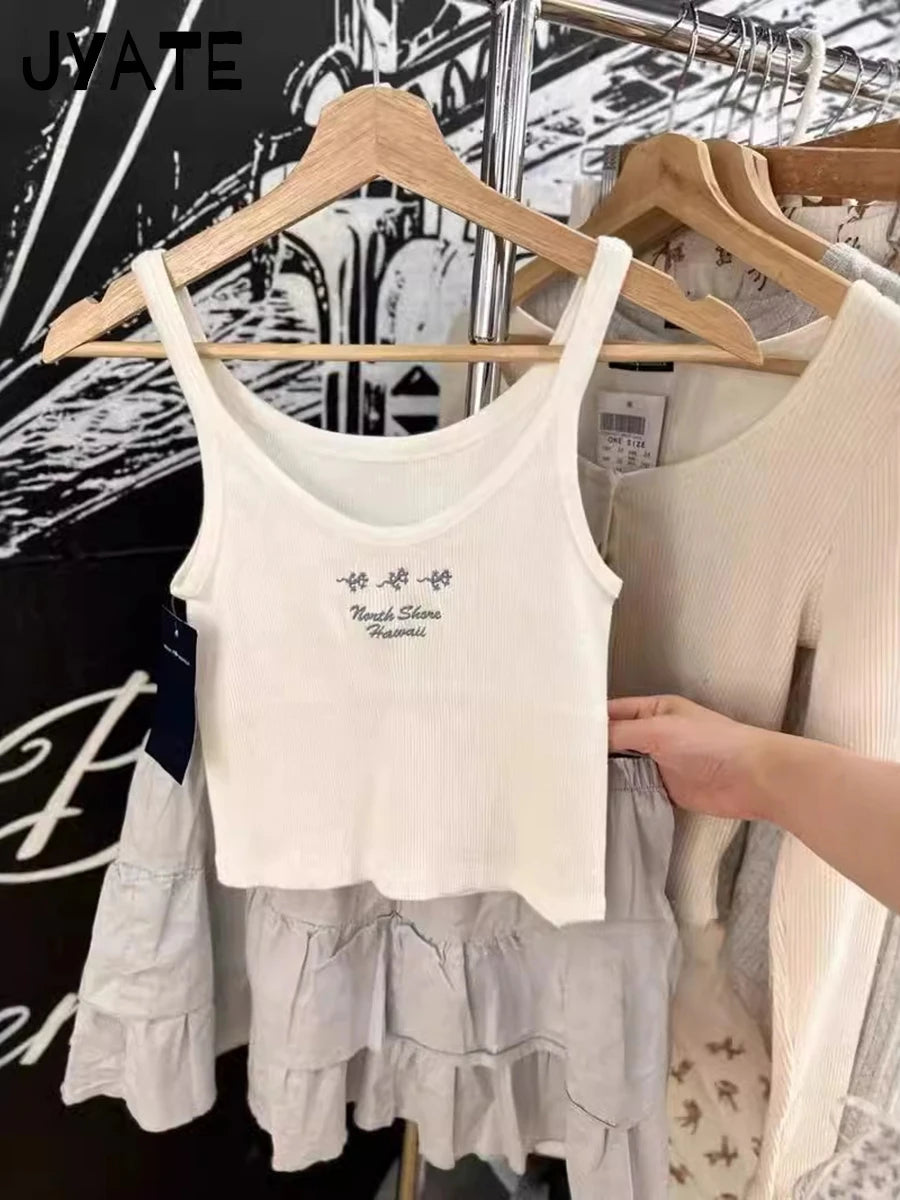 Letter Embroidery U-neck Crop Tops Women Summer New Cotton Casual Ribbed Cropped Sleeveless Vest Vintage Sweet Chic Tank Top Y2K