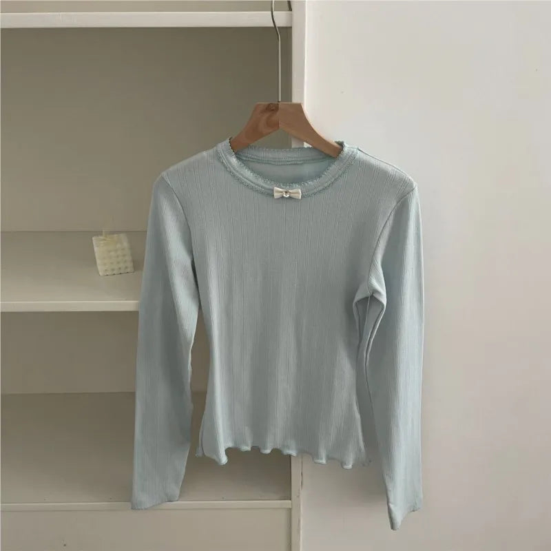 Sweet Lace Trim Long Sleeve Tee Women Summer New Streetwear Casual O-neck Bow Tshirt Tops Vintage Cute Preppy Style T-shirts Y2K