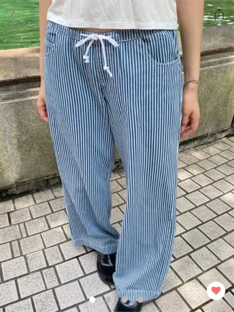 White Drawstring Basic Loose Pants Women Autumn Sexy Low Waist Pockets Straight Long Pant Baggy Streetwear Vintage Trousers Y2K