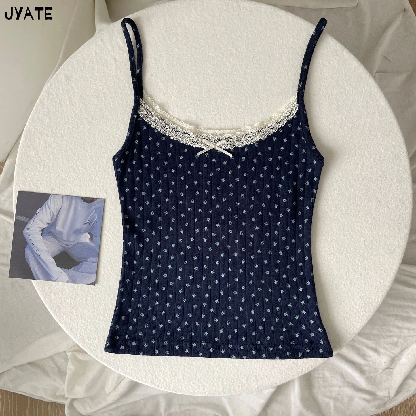 Sweet Floral Lace Trim Eyelet Tank Tops Women New Summer Cotton Bow Slim Preppy Style Cropped Vests Cute Preppy Style Chic Camis