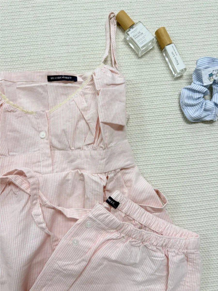 Pink Striped Lace Trim Tank Shorts Set Suit Women New Button Camisole +Elastic Waist Short Pant Sweet Cute Home 2 Piece Sets Y2K