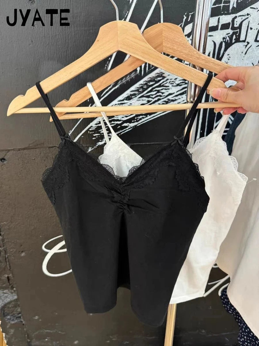 Sexy Lace Trim Slim Black Tank Tops Women Summer New Sweet Cotton Simple Sleeveless Vest Female Preppy Style Basic Crop Top Y2K