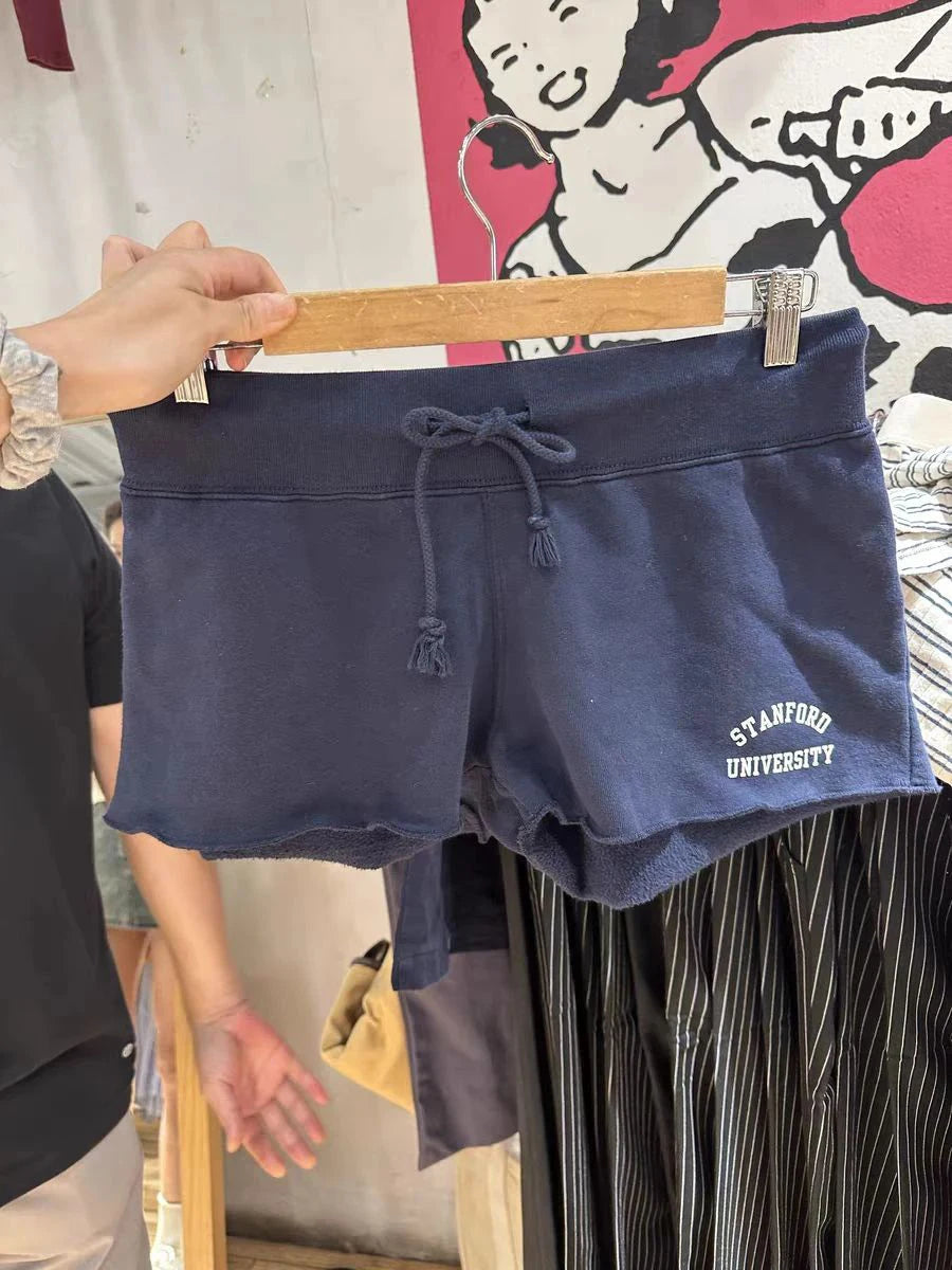 White Letter Embroidery Sweatshorts Woman Summer Low Waist Drawstring Straight Short Pant Female Casual Sweet Sport Shorts