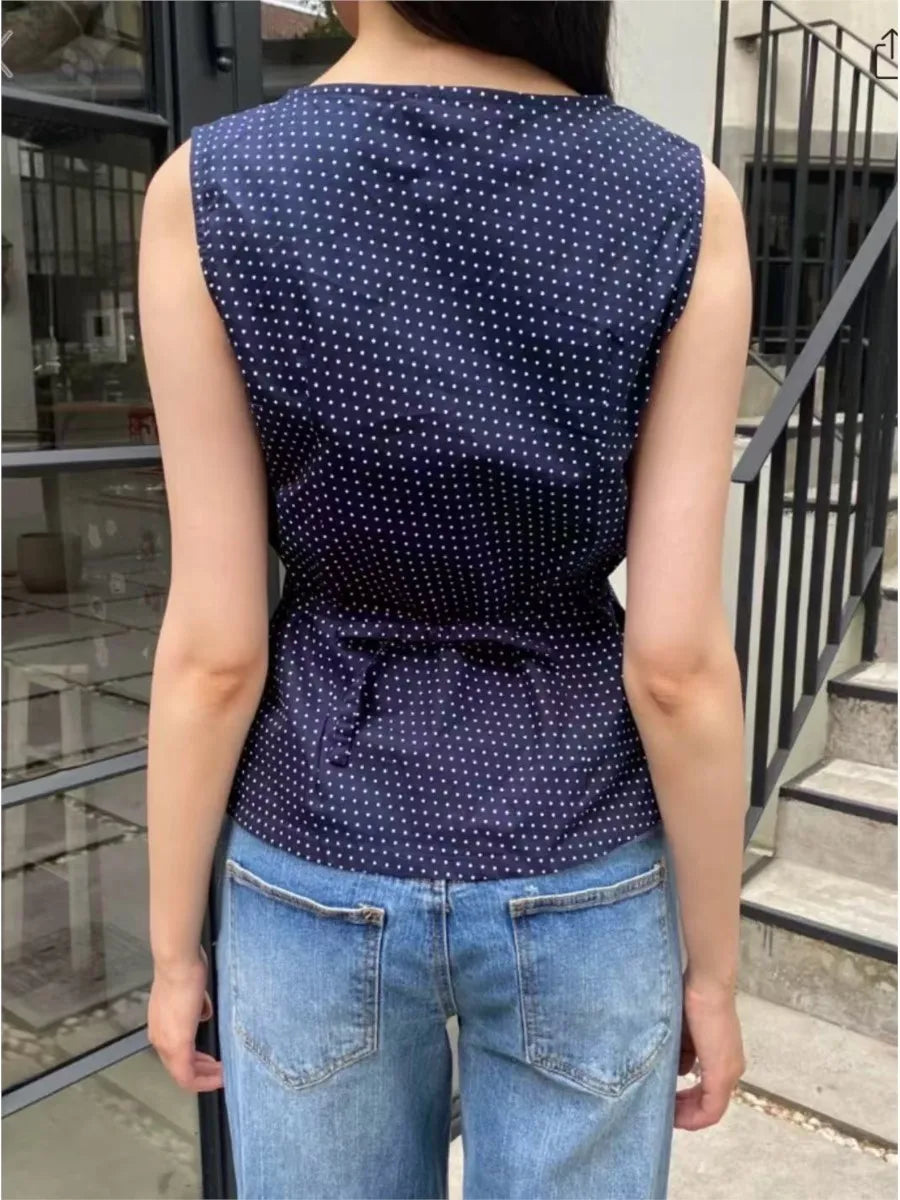 Vintage Polka Dot Sexy Deep V-neck Tank Tops Women Summer New Cotton Lace-up Slim Sleeveless Tees Retro Streetwear Sweet Vests