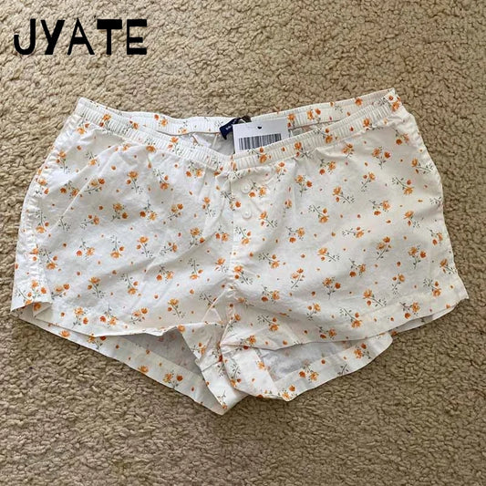 Orange Floral Print Buttons Short Pants Women Summer New High Waist Casual Streetwear Home Underwear Vintage Chic Cute Shorts