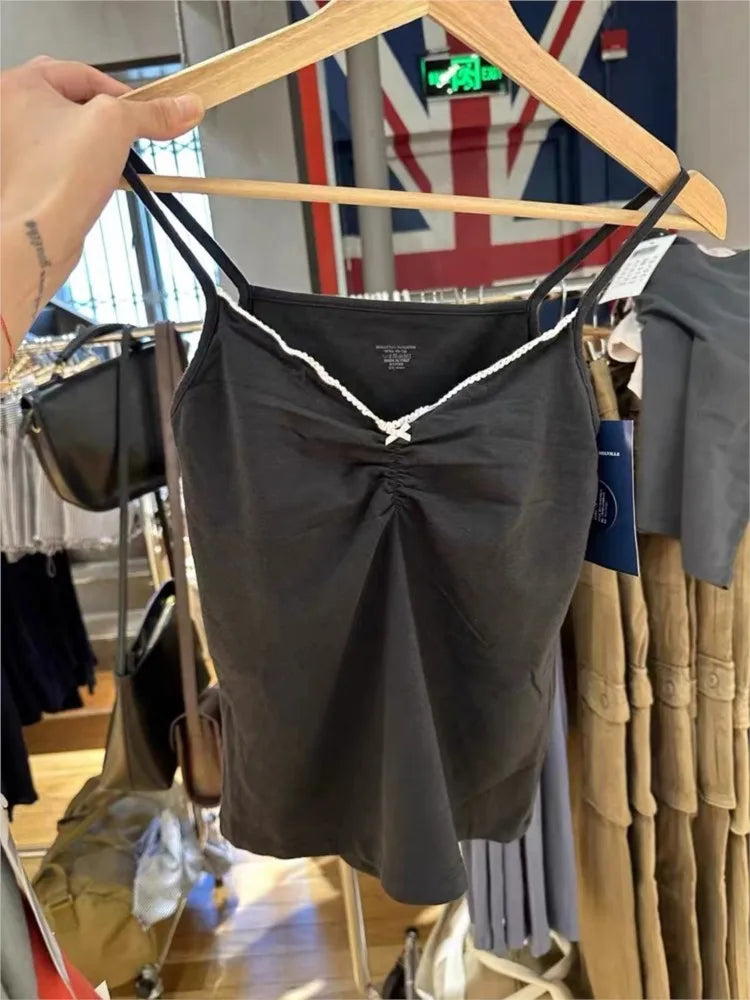 Folds V-neck Bow Black Tank Tops Women Summer Lace Trim Cotton Sleeveless Slim Cropped Camisole Vintage Sweet Crop Top