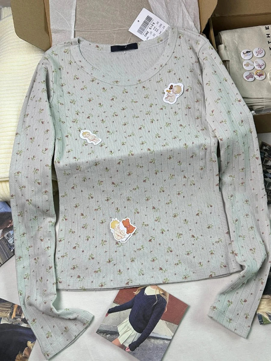 Floral Print Hollow Out Long Sleeve Tees Women Spring New Cotton Casual Slim Preppy Style Tops Vintage Sweet Cute Chic T-shirts