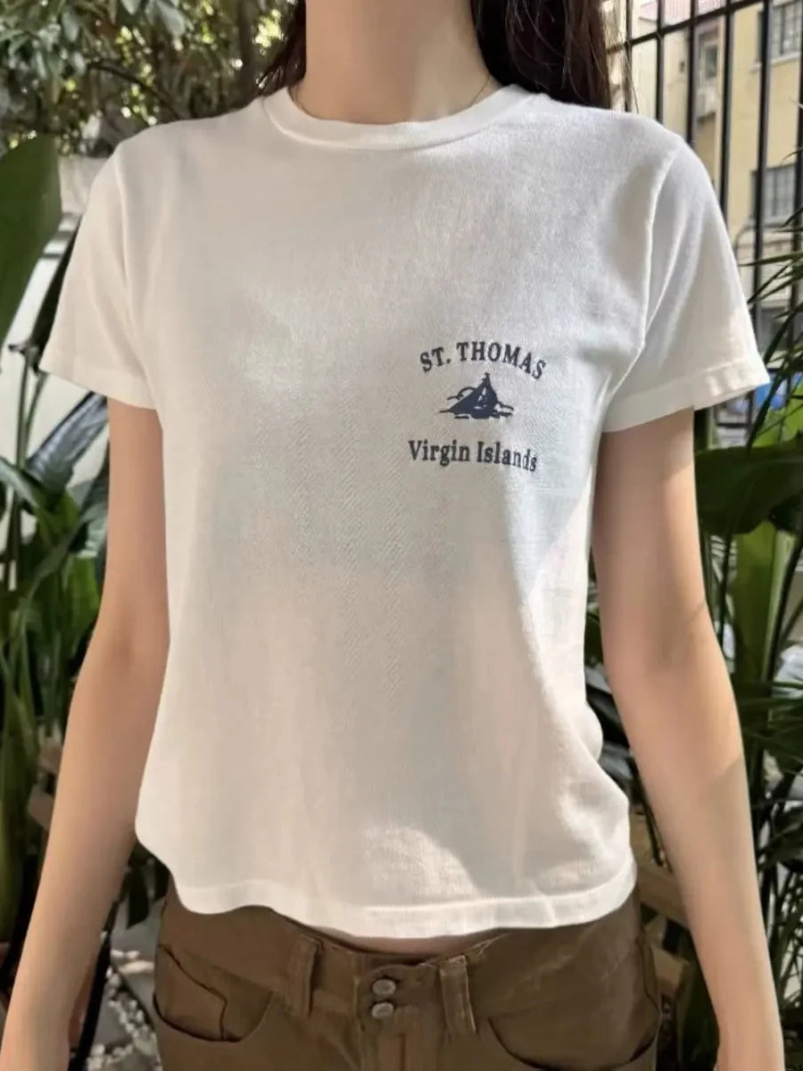 Letter Sailboat Print Solid Short Sleeve Tee Women Streetwear Cotton O-neck Loose Casual Crop Tops Fashion Vintage Y2K T-shirts
