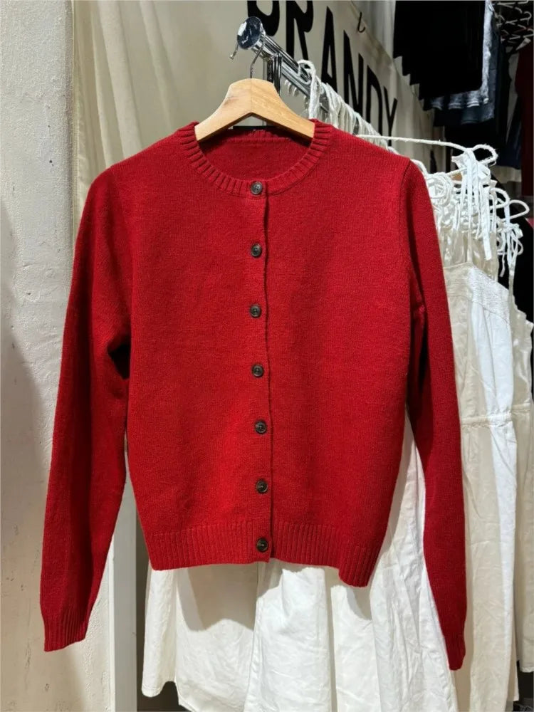 Christmas Red Knitted Sweater Cardigan Autumn Round Neck Single Breasted Cotton Knitwear Casual Vintage Chic Y2K Sweaters Coat