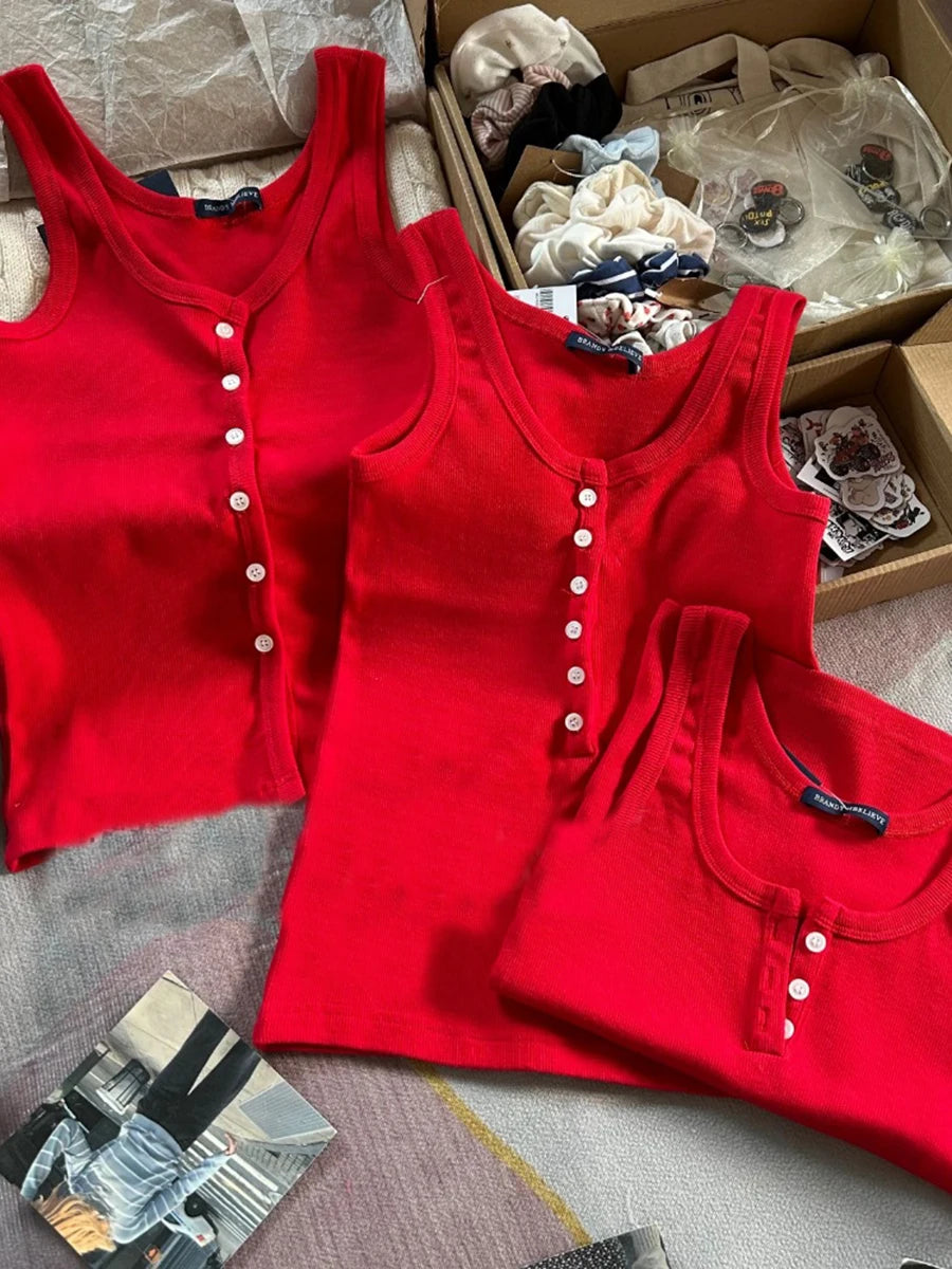 Red Vintage Buttons Slim Vests Women Summer Cotton Simple Basic Casual Sleeveless Tank Tops Sweet Streetwear Chic Cute Camis Y2K