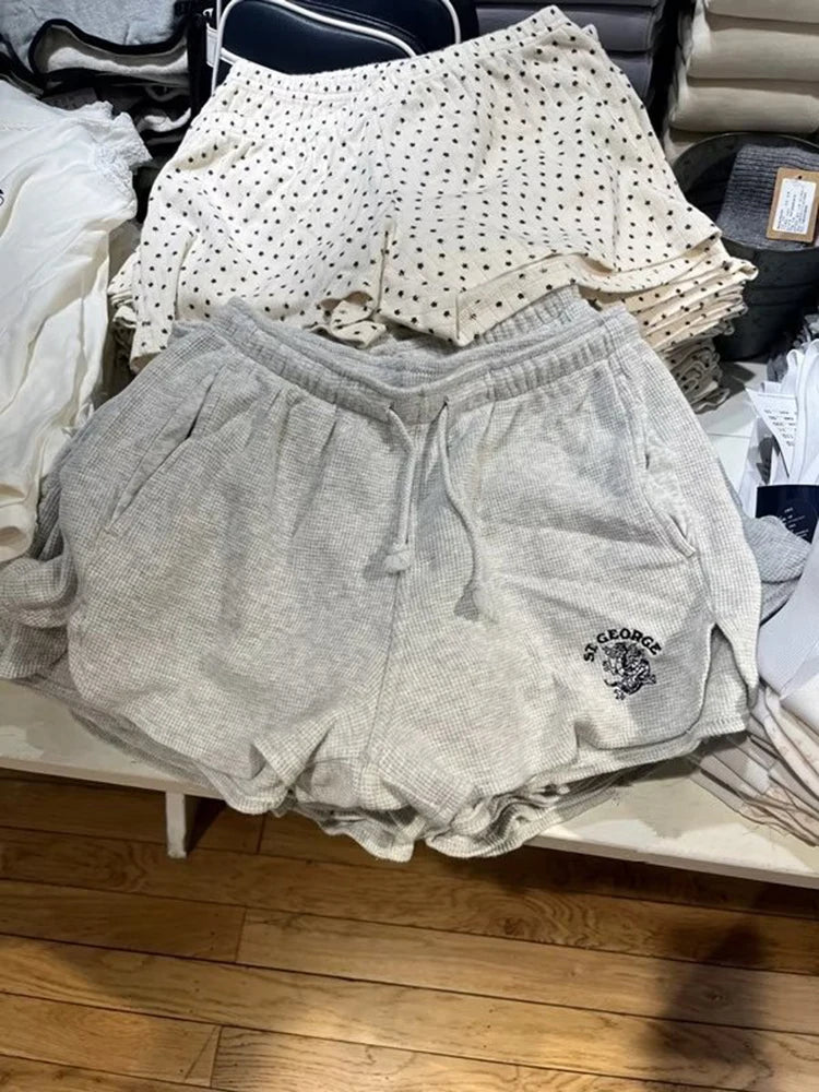 Retro Dragon Embroidery Gray Shorts Women Summer Waffle Lace-up Elastic High Waist Casual Sweatshorts Vintage Chic Y2K Bottoms