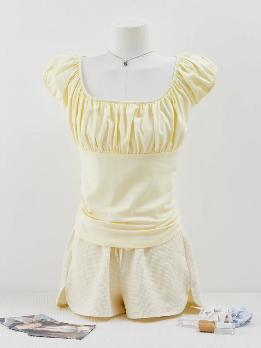 Yellow Square Neck T-shirt+Wafflw Short Pants Women Cotton Slim Tee Elastic Waist Straight Short Pant Sweet Cute Y2K Sets Suit