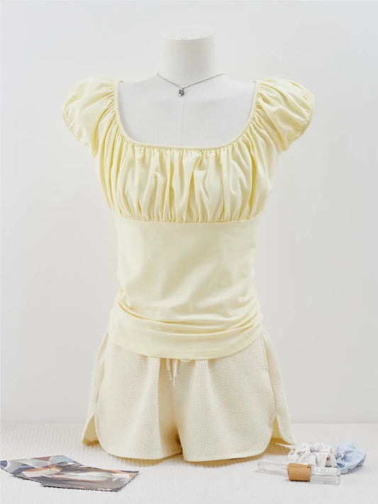 Yellow Square Neck T-shirt+Wafflw Short Pants Women Cotton Slim Tee Elastic Waist Straight Short Pant Sweet Cute Y2K Sets Suit