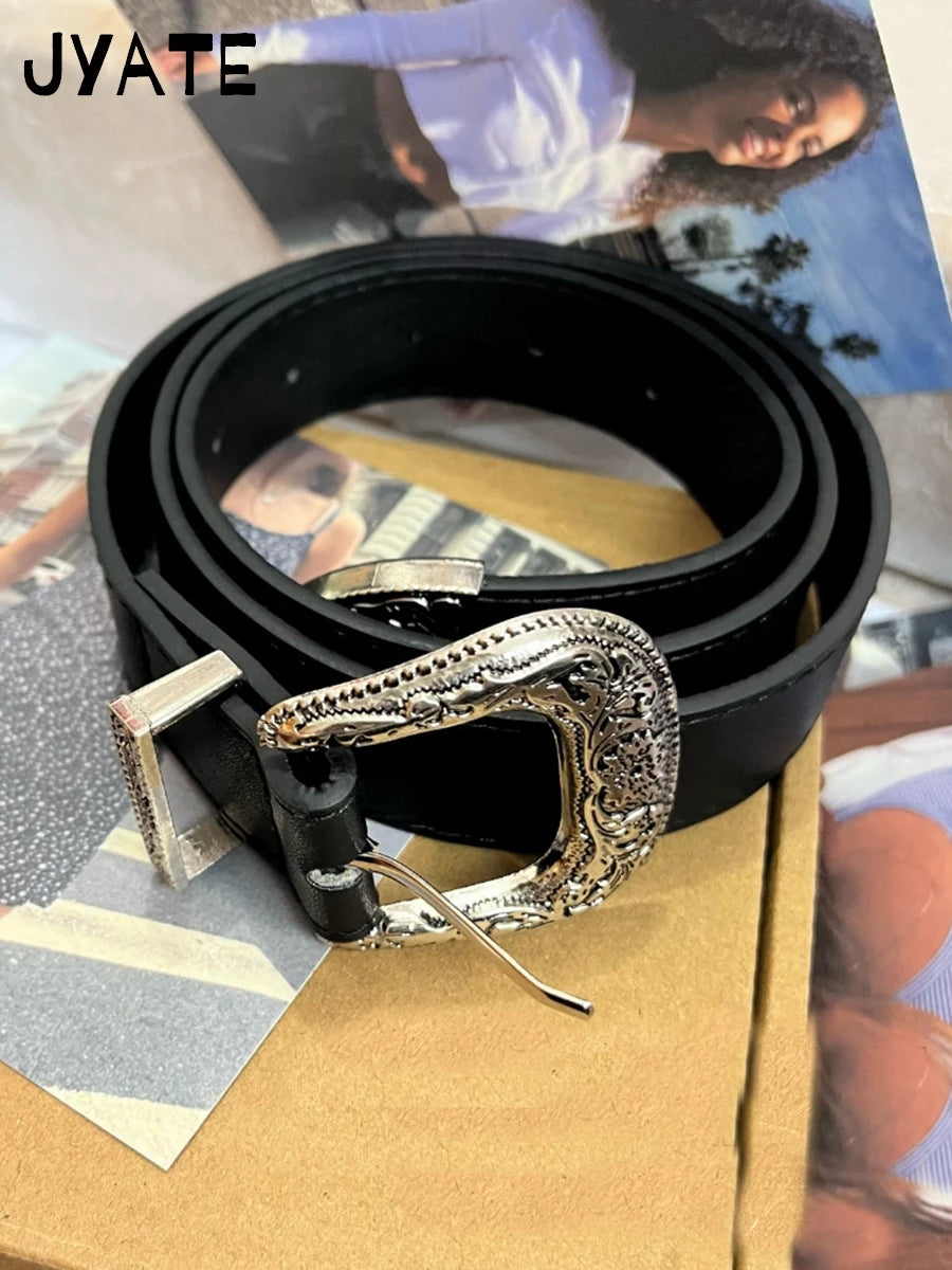Retro Metal Buckle PU Black Belt Women New Streetwear Casual Rock n Roll Punk Preppy Style Vintage Chic Belts Y2K