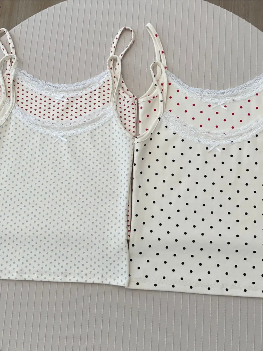 Cute Print Lace Trim Bow Tank Tops Women Cotton Casual Slim Sleeveless Crop Top Female Sweet Preppy Style Camisole Y2K Clothes
