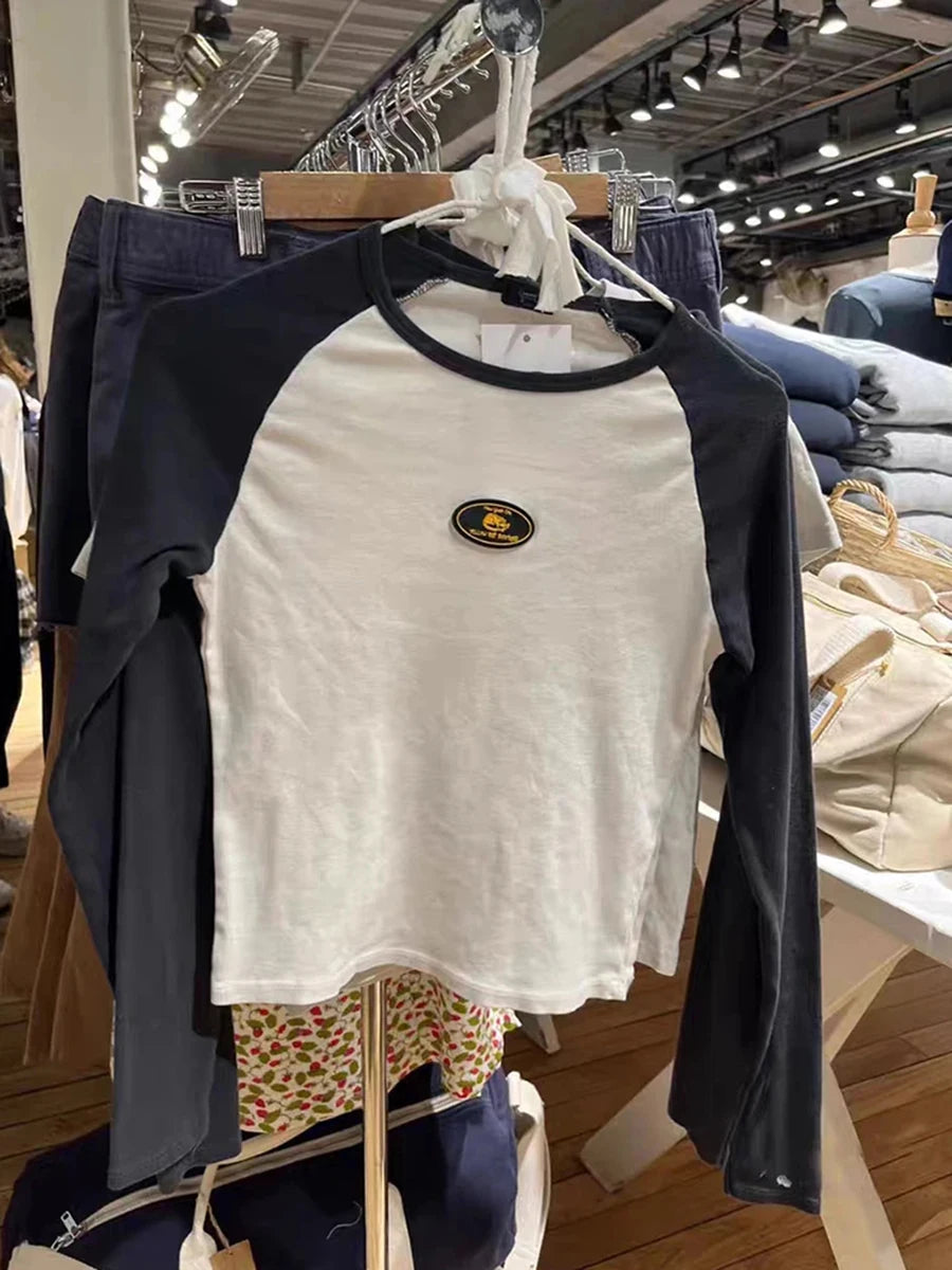 Patchwork Slim Long Sleeve Tops Women Casual Simple Cotton Letter Print Streetwear Tee Female Fashion Vintage Chic Y2K T-shirts