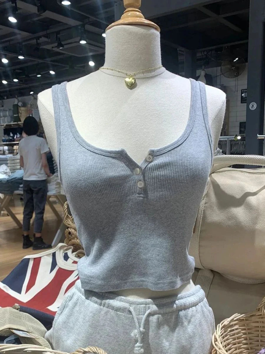 Solid Ribbed Slim Tank Tops Women Streetwear Simple Basic Cotton Buttons Sleeveless Top Female Casual Sweet All-match Y2k Vest