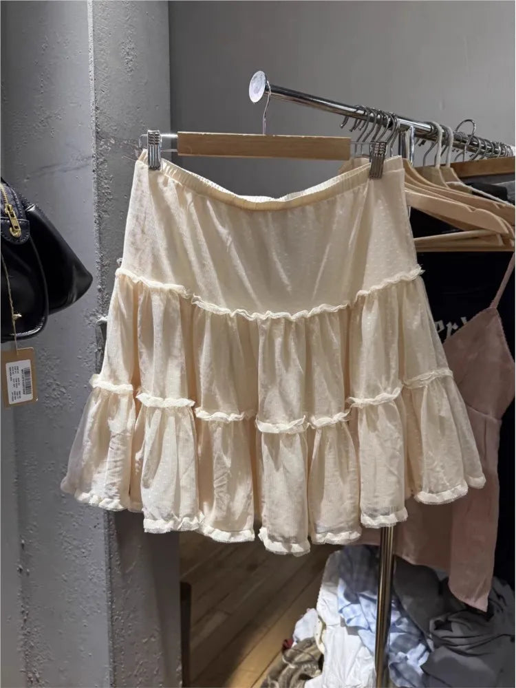 Jacquard Mesh Polka Dot Knee Length Skirts Woman Elastic Waist Ruffles A-line Short Faldas Sweet Preppy Style Beige Skirt Y2K