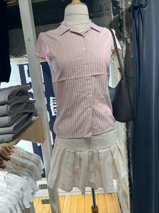 Sweet Pink Striped Blouse Women Summer Casual Streetwear Slim Short Sleeve Buttons T-shirts Cute Preppy Style Tshirt Y2K