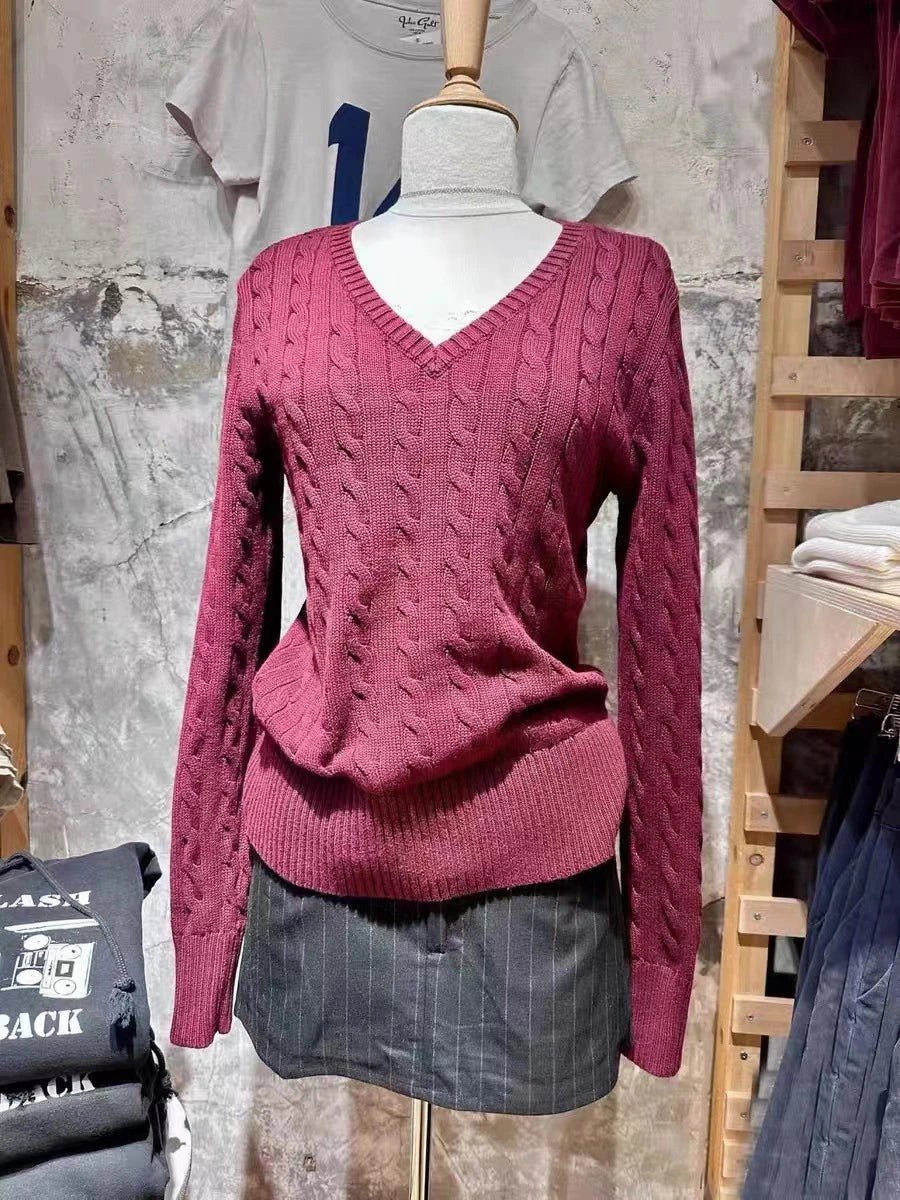 New Beige Twisted Flower Thin Knitted Sweater Women V-Neck Long Sleeve Jumpers Spring Sweet Cute Preppy Style Sweater Top