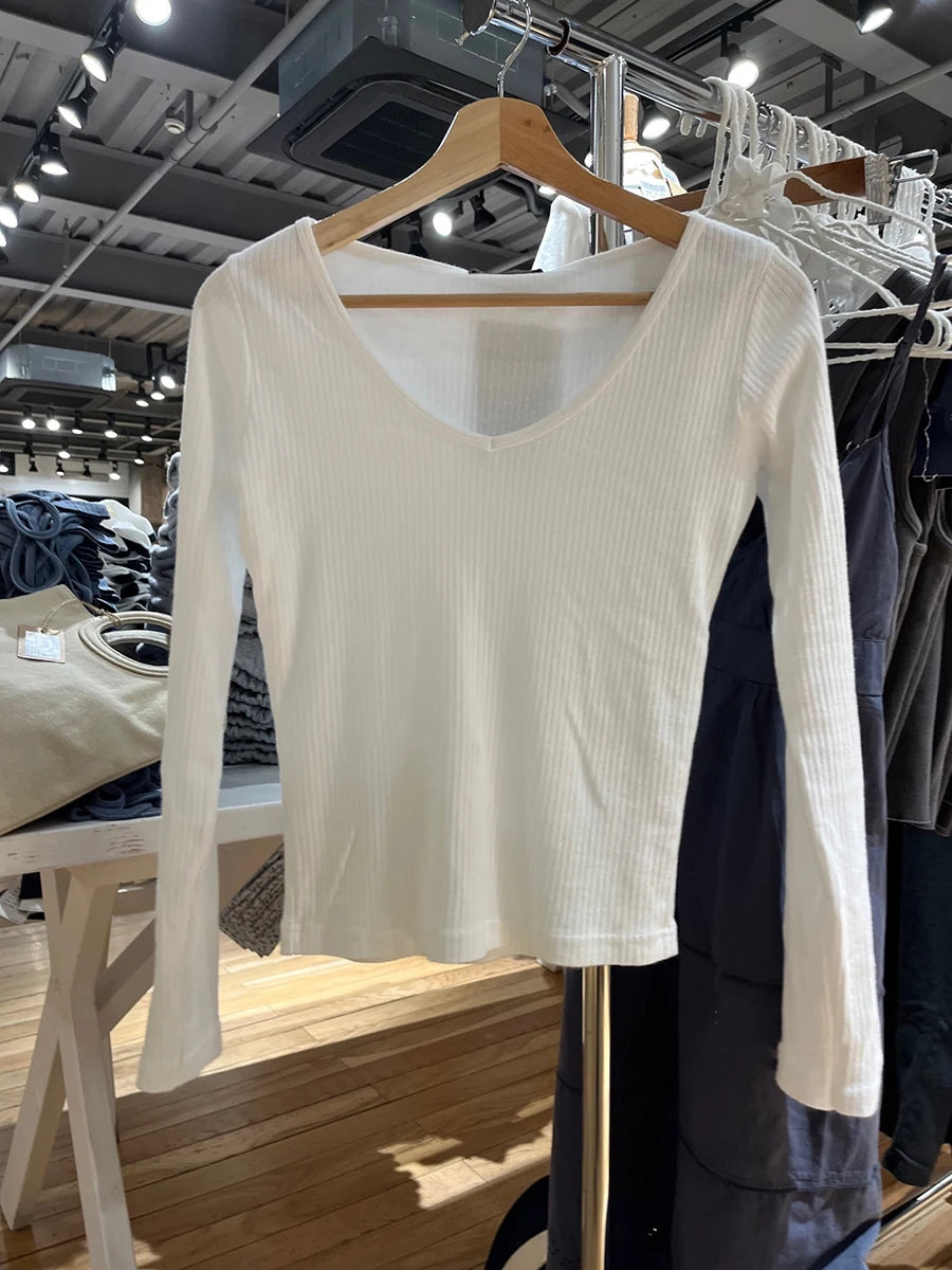 Sweet Solid V-neck Basic Long Sleeve Tees Women New Cotton Soft Simple Casual SlimTops All-match Simple T-shirts Spring