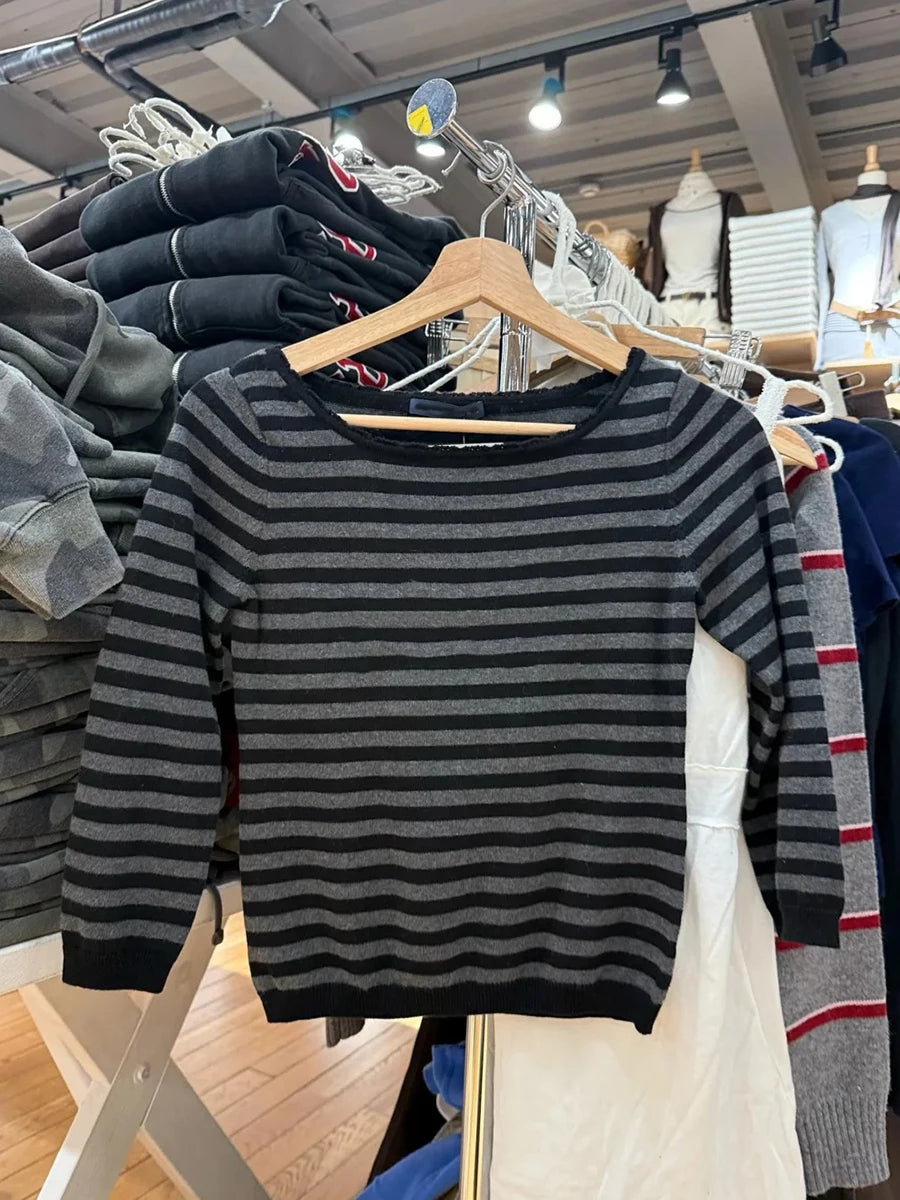 Striped Lace Trim Scoop Neck T-shirts Woman Spring Cotton Slim Navy Three Quarter Sleeve Crop Top Vintage Knitted Tee Shirts
