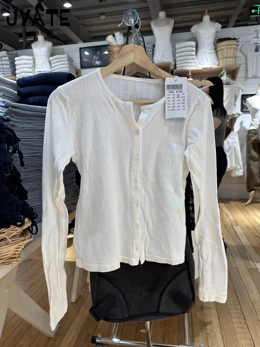 Sweet Eyelet Knitted White Long Sleeve Tees Women New Cotton Casual Slim Single Breasted Smock Tops Vintage Cute Basic T-shirts