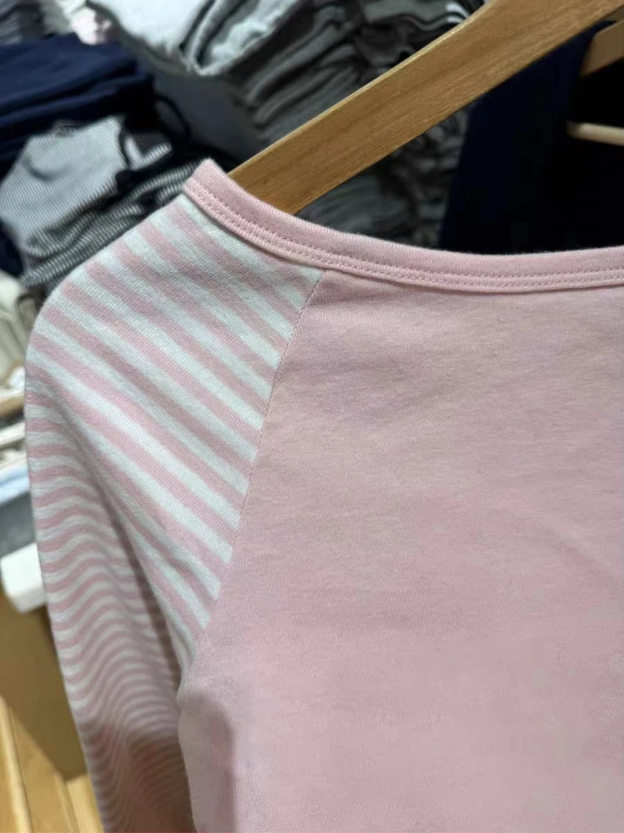 Pink Patchwork Long Sleeve T-shirt Women Slash Neck Cotton Slim Tee Shirts Female Sweet Streetwear Vintage Tshirt Y2K Tops New