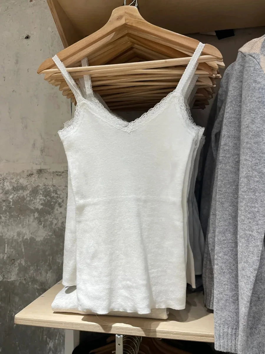 White Lace Trim Sleeveless Tank Tops Women Casual Soft Cotton V-neck Slim  Cropped Vests Vintage Sweet Cute Preppy Style  Camis