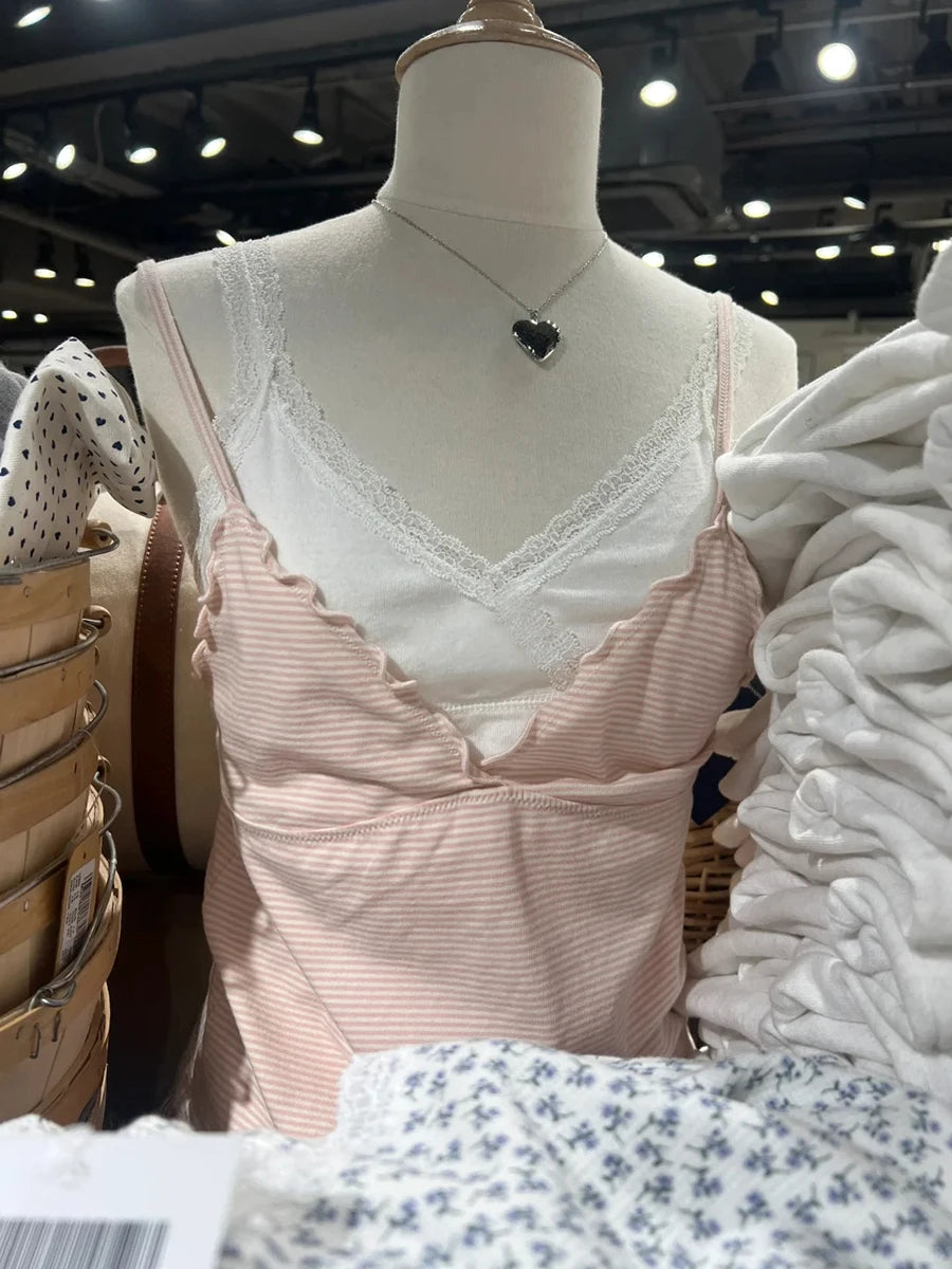 Ruffles Pink Striped Tank Tops Women Summer New Cotton V-neck Sleeveless Slim Cropped Camisole Sweet Preppy Style Y2K Crop Top
