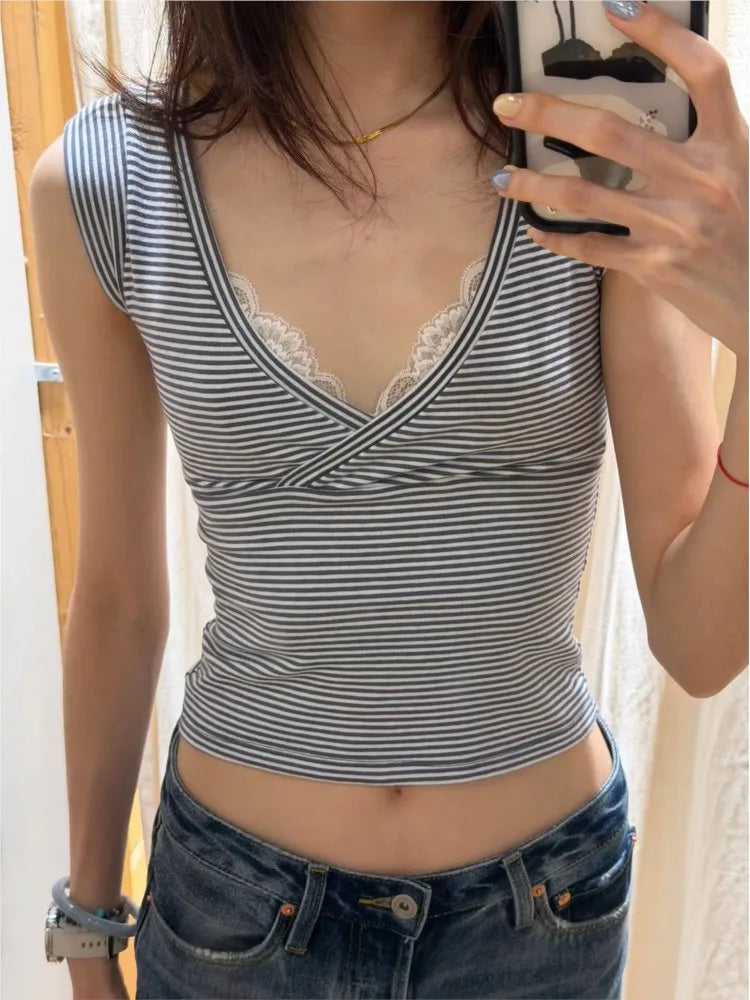 Striped Deep V-neck Cotton T-shirts Women Summer Casual Simple All-match Slim Sleeveless Tshirt Sweet Ballecore Cute Crop Tops