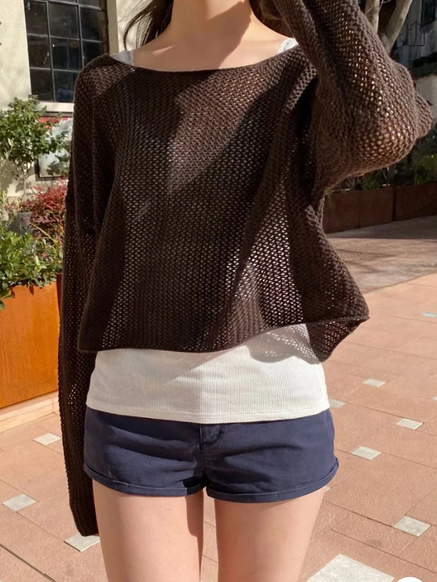Blue Hollow Out Smock Tees Women Summer Casual Streetwear Cotton Slash Neck Crop Tops Vintage Chic Preppy Style T-shirts Y2K