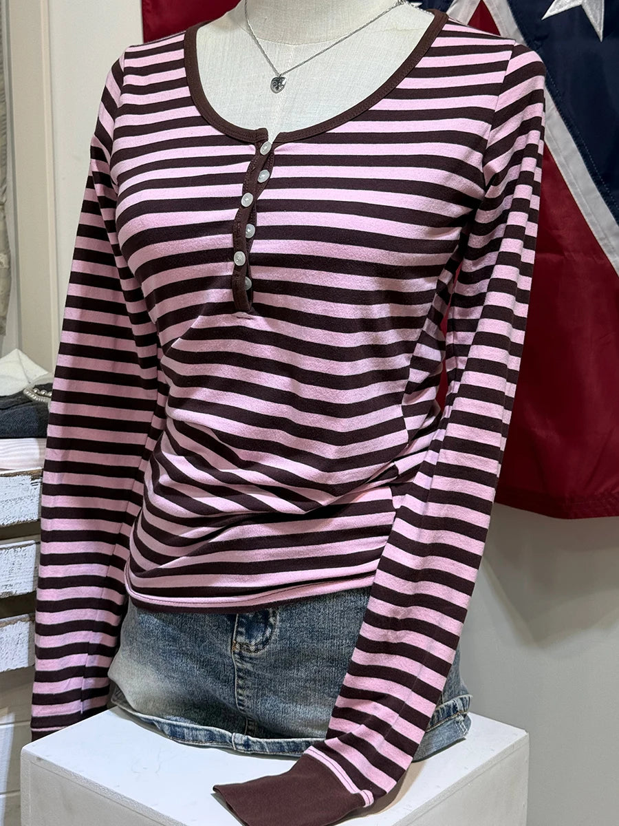 Sweet Pink Gray Striped Long Sleeve Tees Women Autumn Cute Cotton Buttons Slim T Shirt Tops Shoujo Clothes Simple Basic T-shirts