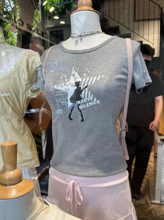 New Girl Guitarist Print T-shirt Woman Summer Round Neck Cotton Short Sleeve Tshirt Female Sweet Preppy Style OOTDS Tee Shirts