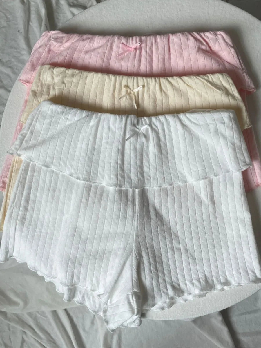 Cute Bow Eyelet Flange Shorts Women Spring Solid Elastic Waist Cotton Straight Short Pants Sweet Home Underwear Y2K Sweatshorts