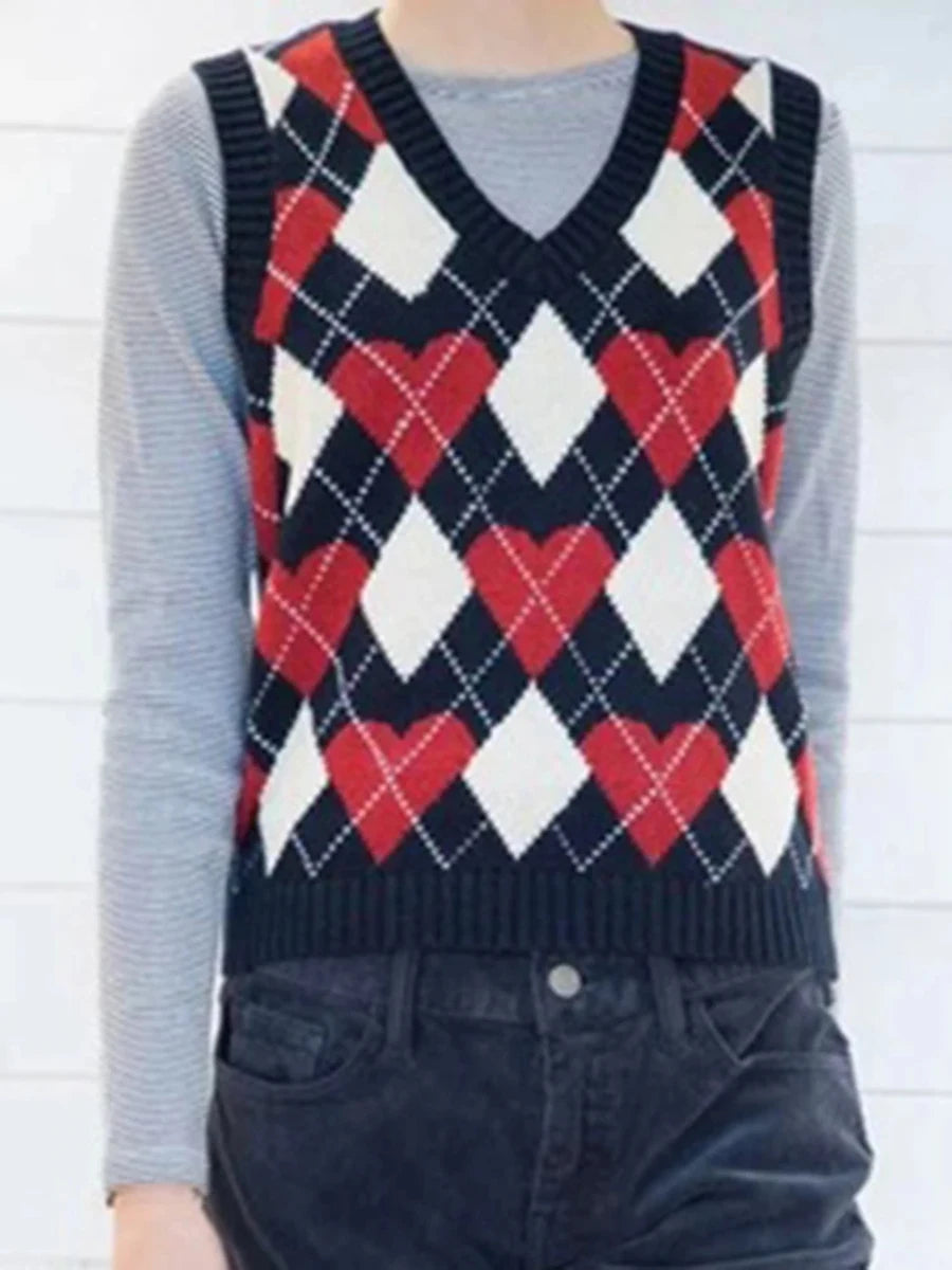 Argyle V-neck Knitted Vests Women Autumn Cotton Soft Casual Sleeveless Pullover Tank Tops Vintage Streetwear Chic Slim Sweaters