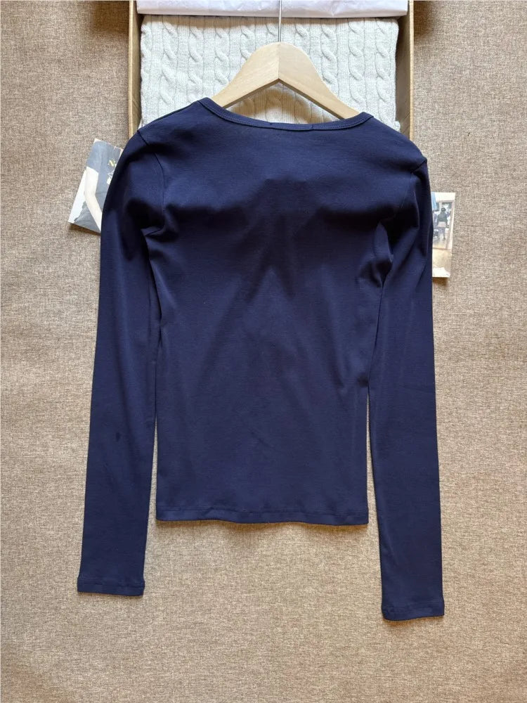 Vintage Navy Long Sleeve Tee Women Autumn New Cute Casual Six Buttons O-Neck Cotton Slim Tops Fashion Chic Streetwear Tshirt Y2K
